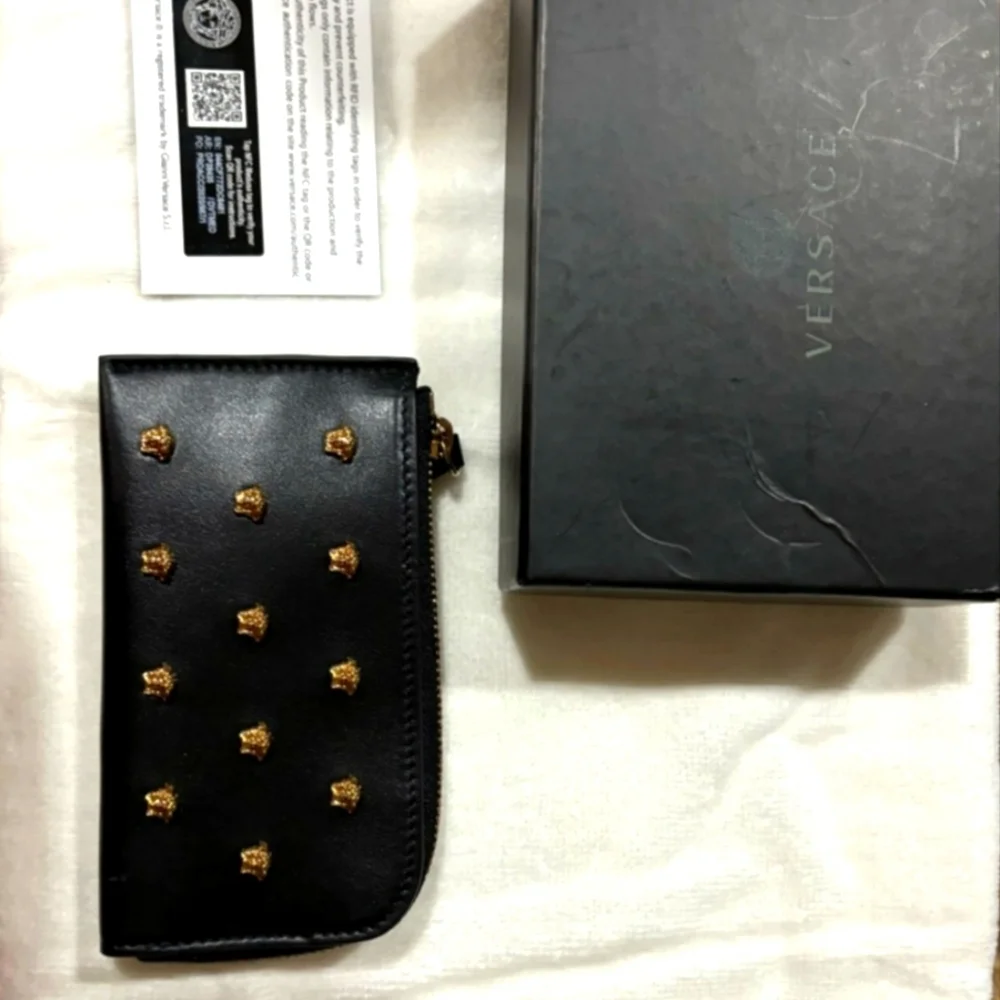 VERSACE Black All Over Medusa Stud Zip Card Holder Wallet